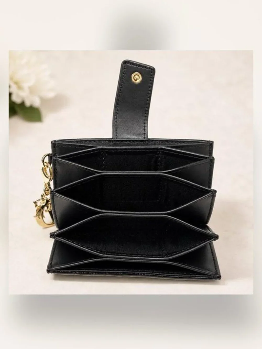 Christian Dior Black Patent Cannage Accordion Wallet Card Holder Gold Charms New